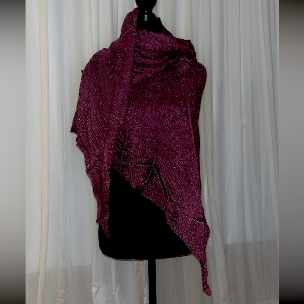 Intricate Beaded Lacework Smoky Plum Scarf Wrap